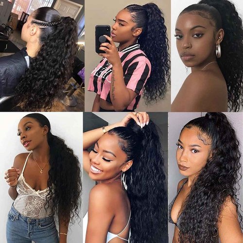 Ponytail Extension Drawstring Human Hair Clip in Pony Tail Hair Extensions for Black Women Curly Wave Thick Natural Looking Hair Pieces Water Wave Human Hair Ponytail（24Inch）