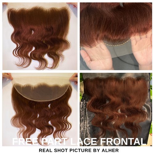 ALHER #33 Reddish Brown Body Wave 13x4 Lace Frontal Human Hair 20 Inch, Copper Brown Auburn Colored HD Transparent Lace Frontal Closure Ear to Ear 100% Virgin Remy Human Hair 150% Density