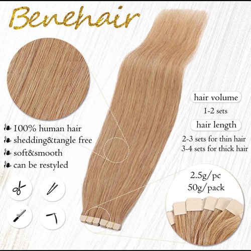 Benehair Tape-in Hair Extensions Human Hair Blonde 20pcs 50g/pack Straight Hair Extensions Seamless Skin Weft Tape-in Natural Hair for Women (20", 27 Dark Blonde)