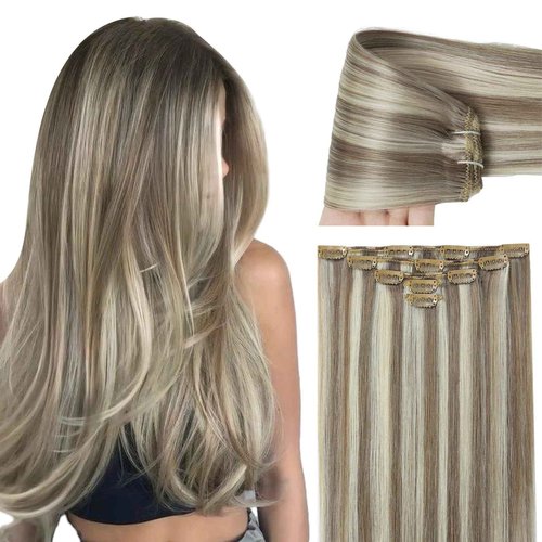 Ash Brown Highlights Platinum Blonde Clip in Real Human Hair Extensions for Women 22 Inch Remy Brazilian Clip on Human Hair Natural Straight Clip ins Hair Invisible Double Weft 60G 5 PCS