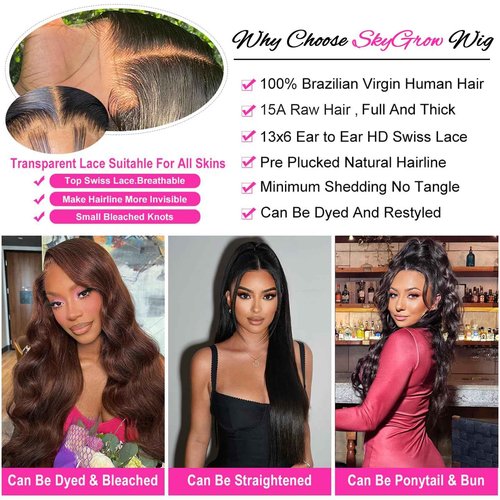 SkyGrow 13x6 Body Wave Lace Front Wigs Human Hair Wig 250 Density 15A Raw HD Lace Frontal Human Hair Wigs for Women 24 inch