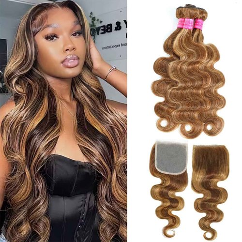 Vallbest Ombre Human Hair Bundles with Closure 14 16 18 +12 Inch Highlight Blonde Bundles Human Hair 4/27 Brown Body Wave with 4x4 Closure 12A Brazilian Virgin Remy Weave Raw Hair Extensions