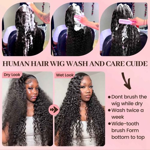 Tkekrw 20 Inch 13x6 HD Deep Wave Lace Front Wigs Human Hair 200 Density HD Frontal Water Wave Wigs Glueless Wet and Wavy Pre Plucked Curly Wig for Women 100% Brazilian Remy Virgin Hair Natural Black