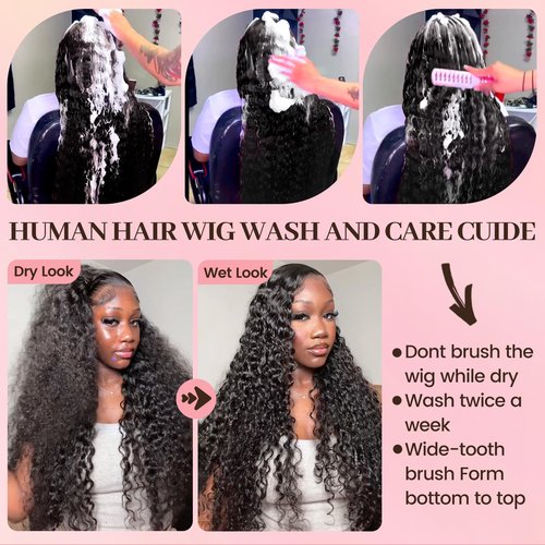 Tkekrw 30 Inch 13x6 HD Deep Wave Lace Front Wigs Human Hair 200 Density HD Frontal Water Wave Wigs Glueless Wet and Wavy Pre Plucked Curly Wig for Women 100% Brazilian Remy Virgin Hair Natural Black