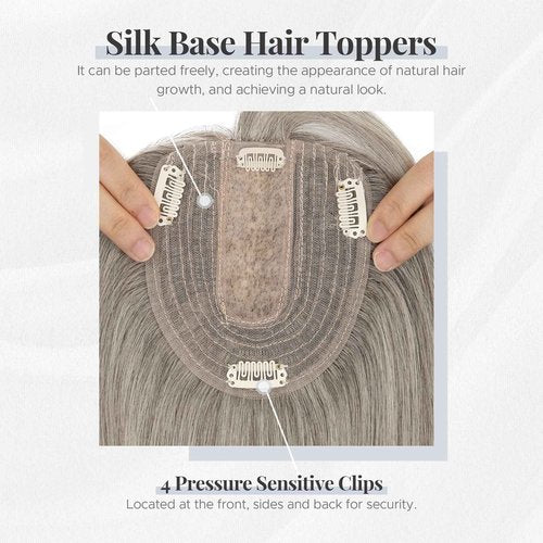 SEGOHAIR Human Hair Topper for Women, with Silk Base 3.94x4.72, 8 Inches, 4 Clips, for Thinning Hair, with Front Bangs, Salt and Pepper Color, Natural Look
