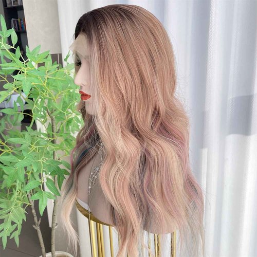 VASTCURY Rainbow Wigs Highlight Pink Blue Ombre Color 13x4 Synthetic Fiber Lace Front Wig Loose Wave 20Inch Pre Plucked Hairline for Women