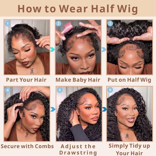 Rsshnlo Kinky Curly Half Wig Human Hair 200% Density 3 In 1 Glueless Wear and Go Kinky Curly Wig Human Hair Seamless Flip Over Wig Drawstring Headband Wig Beginner Friendly 16 Inch