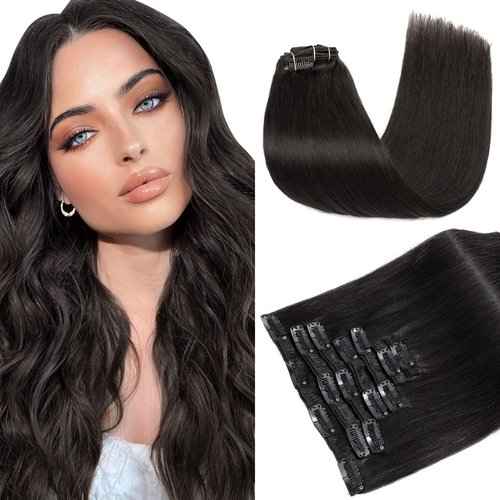 Clip in Hair Extensions Real Human Hair S-noilite #1B Natural Black Double Weft hair extensions 16 Inch Clip in Real Human Hair for Women Balayage Straight 7PCS 125g
