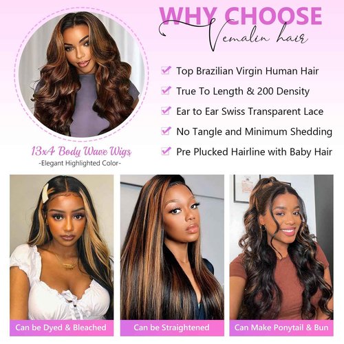 Vemalin Highlight Ombre Lace Front Wig Human Hair Body Wave Lace Front Wigs Human Hair Pre Plucked 13x4 1B/30 Brown Highlight Wig 200 Density Colored 26 Inch Balayage Wigs for Women