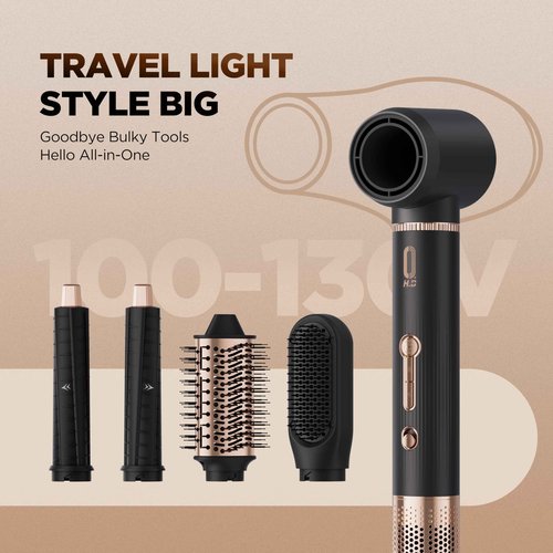 O.H.B 5 in 1 Air Wrap Hair Styler - High-Speed Hair Dryer Brush, Hot Air Styler with Fast Drying, No Heat Damage & Ionic Multi-Styler Dryer Brush for Volumize, Curl, Straighten, Frizz-Free, Black Gold