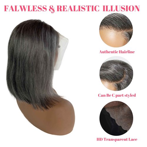 Salt and Pepper Bob Wigs 16 Inch Human Hair Straight White Grey 13x6 HD Transparent HD Lace Frontal Bob Wig Pre Cut Glueless Wigs for Women Bleacked Knots with Baby Hair Ombre Grey 180% Density