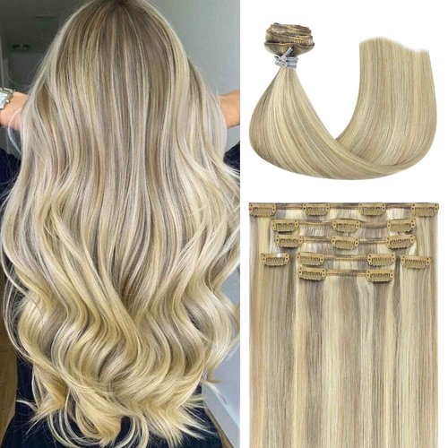Honsoo Balayage Hair Extensions Real Human Hair Mixed Bleach Blonde 20in 100g 7pcs Clip In Hair Extensions Long Natural Straight Hair Like Your Own Hair