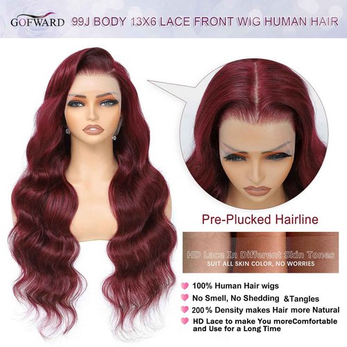 GOFWARD 20 Inch 99j Burgundy 13x6 Body Wave Lace Front Wigs Human Hair 200% Density Glueless HD Transparent Lace Frontal Wigs Human Hair Pre Plucked With Baby Hair Burgundy Wine Red Wigs For Women