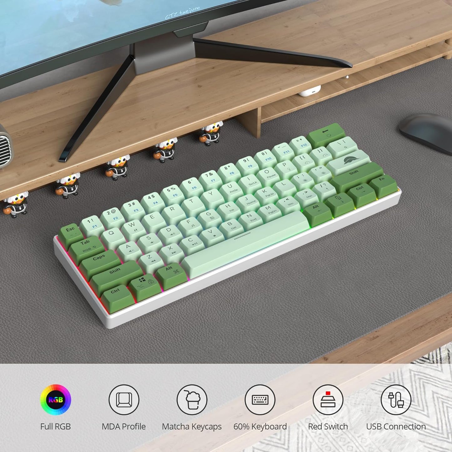 60 Percent Keyboard Mechanical RGB Backlit Wired 60% Gaming Keyboard Blue with PBT Keycaps for Windows PC Gamers (Sea/Red Switch)