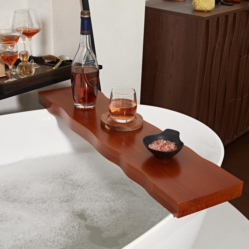 Wood Bathtub Caddy Tray, Anti-Slip Premium Wood Bathtub Tray, Waterproof Rectangle Bath Table with Waved Edge, Sturdy Organic Bath Board for Bathroom