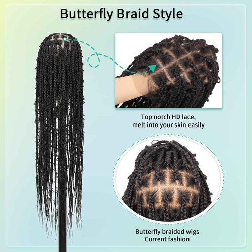 Fecihor 360° HD Full Lace Knotless Braided Wigs for Women Box Braid Wig with Baby Hair Premium Synthetic Natural Looking Black Butterfly Braided Lace Front Wigs 36 Inch