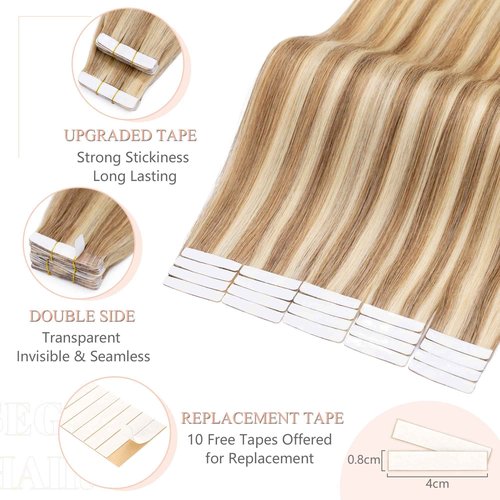 SEGO Tape in Hair Extensions Human Hair 18 Inch 100g 40pcs Balayage Straight 100% Remy Rooted Seamless Skin Weft Invisible Double Sided Tape Hair for Women-#P12/613 Golden Brown&Bleach Blonde