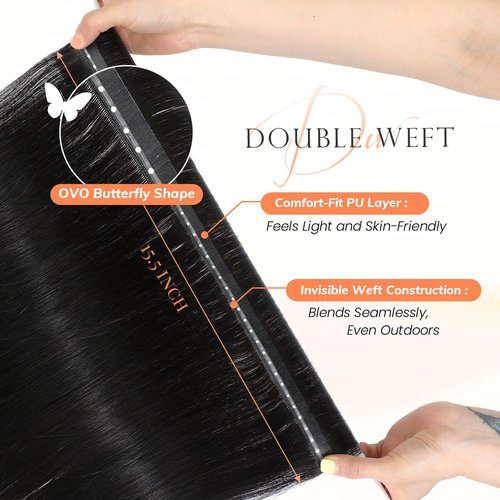 Black Hair Extensions OVO Dual-Sided Weft Human Hair Extensions Invisible Flat Weft Extensions, Natural Looking Seamless Human Hair Extensions for Added Volume & Length