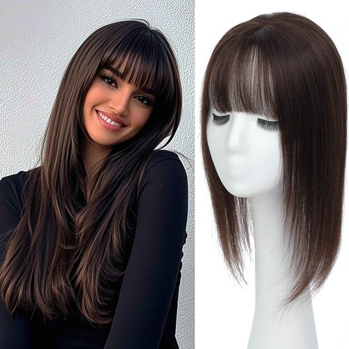 Hair Toppers for Women Real Human Hair, 360°3D Topper for Women with Thinning Crown Wispy Clip in Bangs Breathable Hand Tied Craft Big Coverage Hairpieces(Dark Brown（Big Coverage）, 16 Inch-3D-Wispy)
