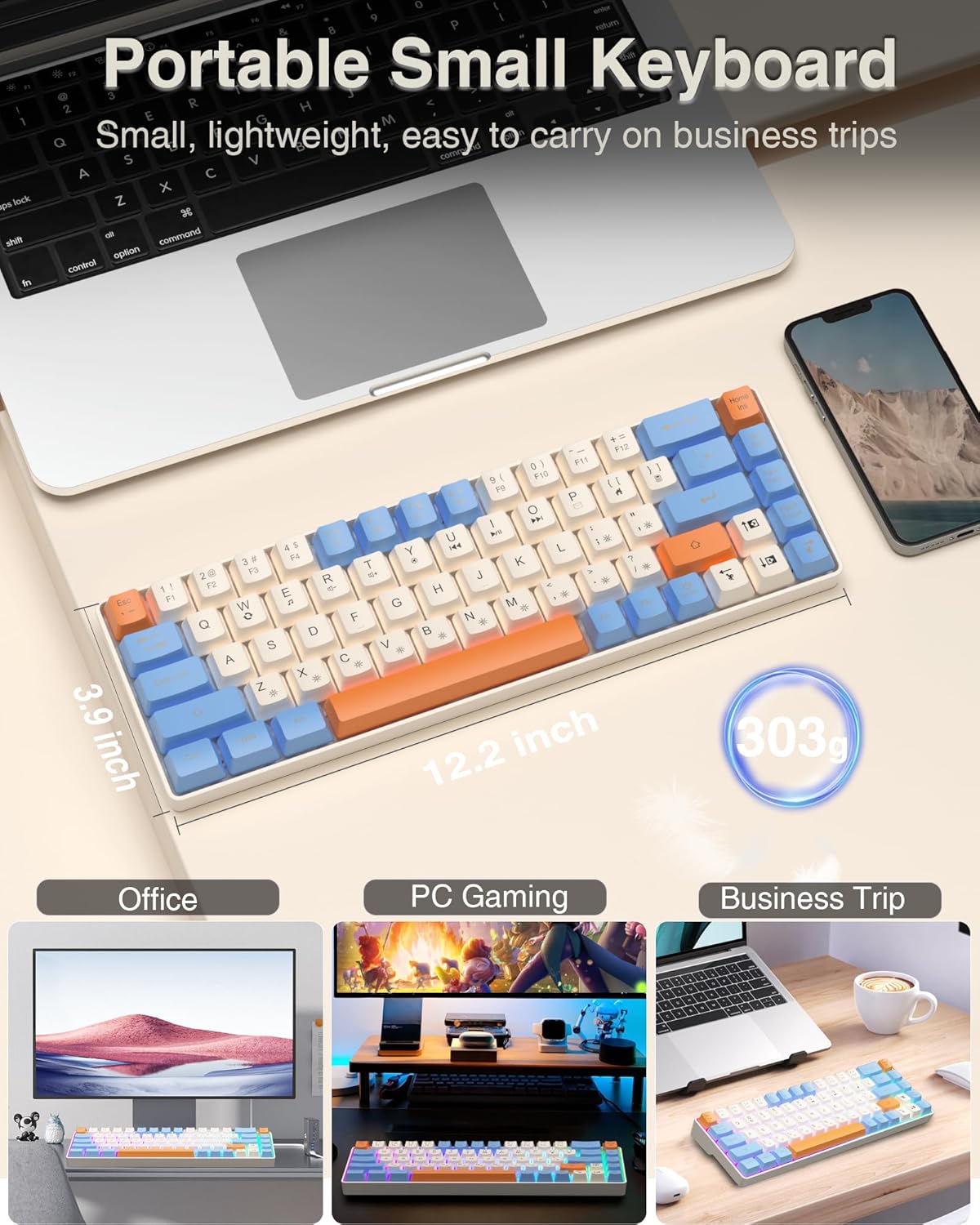 60% Gaming Keyboard,Small Keyboard USB-C Wired,Compact Mini Teclado Gamer,68 Keys RGB Backlit Portable Membrane Keyboards for Business Trips,Office,PC Games (SK968,White)