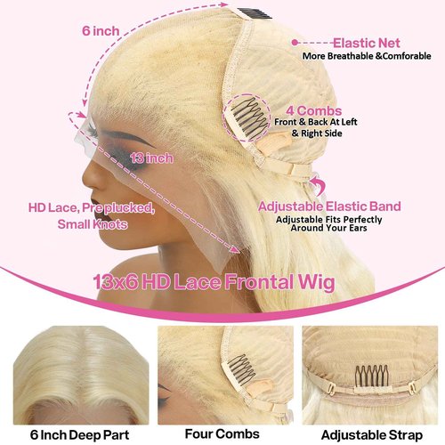 Pangm 613 13x6 Lace Front Wig Human Hair 200 Density HD Body Wave Blonde Lace Front Wigs Human Hair Pre Plucked Lace Frontal Wig 13x6 Blonde Wig Human Hair 26 Inch