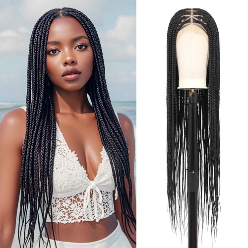 Zurffiy 360° HD Full Lace Braided Wigs for Women Knotless Braided Wigs Box Braid Wig with Baby Hair Human Hair Blended Braids Lace Front Wig Black 36 Inch