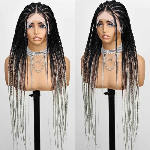 FABÉLLE 30 Inch Braided Wig Non Embroidered Full Lace Knotless Box Braided Wigs 3 Tones T1B/30/613 Long Braiding Hair Wigs Synthetic Lace Front Wigs for Women