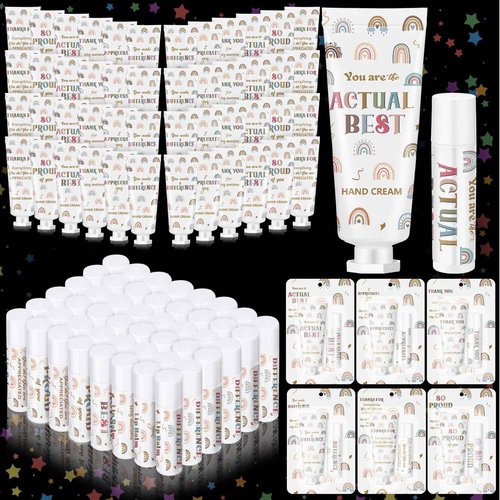 Loopeer 48 Set/ 96 Pcs Christmas Teacher Lip Balm Lotion Gift Set Bulk Boho Rainbow Mini Hand Cream Sets Xmas Stocking Stuffers Thank You Small Gifts for Women Employee Coworker Staff Volunteer