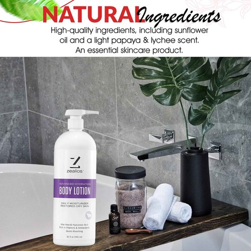 Zealios Advanced Hydration Body Lotion for Dry Skin 32oz - Deep Hydration Formula, Skincare Moisturizer with Vitamins & Antioxidants, Non-Greasy Lotion, Light Papaya & Lychee Scent
