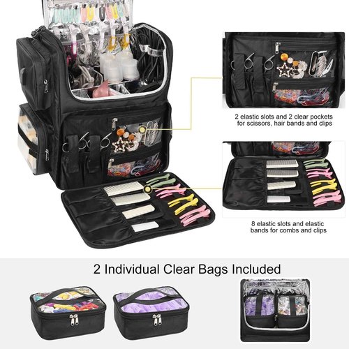 Relavel Hair Tools Travel Bag with 6 Pcs Clear Bags, Hair Stylist Backpack Hairdresser Cosmetology Bag, Heat Insulation Full Layer for Curling Iron, Hair Straightener, Travel Accessories Train Case