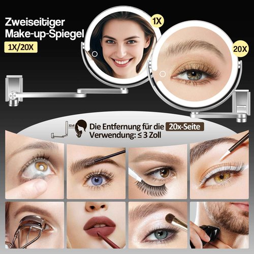 MOMOKUBA Wall Mounted Makeup Mirror, Magnifying Mirror with Light 20X/1X Double-Sided, Height Adjustable, 3 Lighted Modes, Aluminum Alloy Small Wall Mirror, Moisture & Corrosion Resistant Bathroom Use