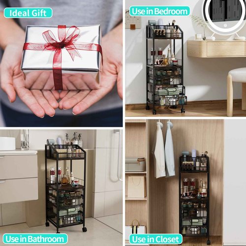 HapiRm Makeup Organizer Storage Cart - Floor Skincare Make Up Storage with 4 Drawers, Rolling Makeup Cart Vanity Organizer Cosmetics Display Cases Holder for Skin Care Perfume Nail Polish