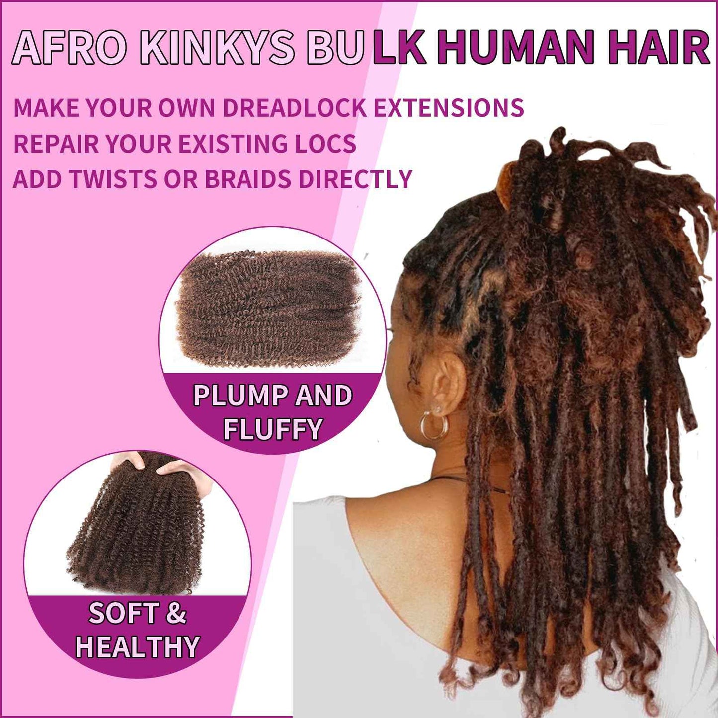 Geogroket Afro Kinkys Bulk Human Hair for Permanent Micro Locs/Twists/Braids/Repair No Short Hair Medium Brown 4C Afro Kinky Curly Bulk Human Hair 16 Inch 4#