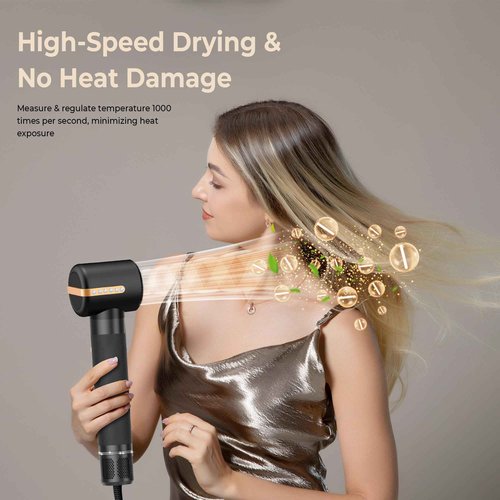 Blow Dryer Brush 7inONE,110000RPM High-Speed Negative Ionic Hair Dryer with Diffuser Concentrator,Curling Iron Hair Straightener Round Brush Blow Out Magic Styler,Volumizing Air Styler (Black Gold)