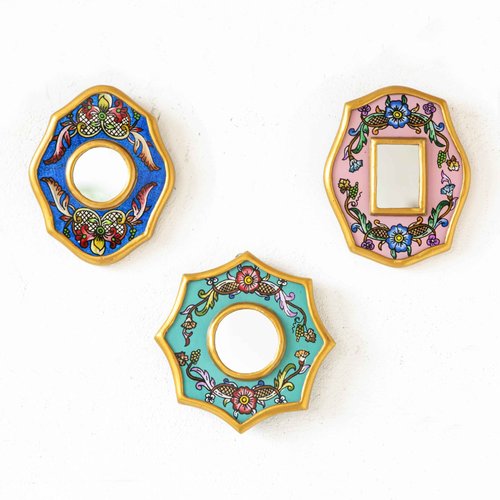 DECORCONTRERAS Decorative mini mirrors wall decor set of 3 - Peruvian Hand Painted Glass Mirror 4in for Boho Decor