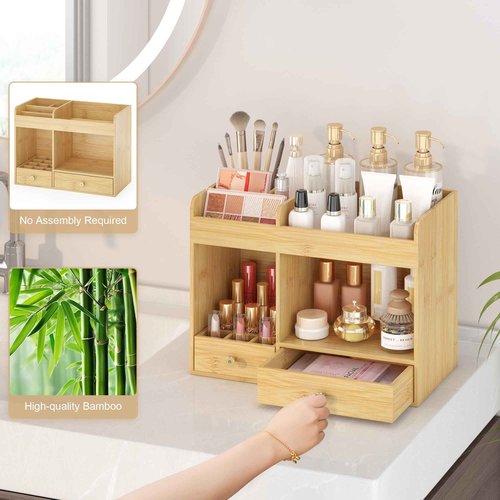 Wisuce Essentials Large Makeup Organizer with Drawers, Bamboo Countertop Cosmetic Storage for Dresser Vanity Organizer Beauty Desk Skincare Holders Container Make Up Organizing for Lipstick