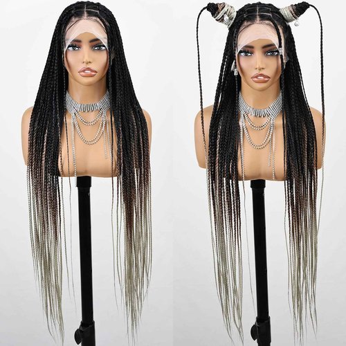 FABÉLLE 32 Inch Long Synthetic Braided Wig Knotless Box Braid Wigs with Baby Hair Single Full Lace Braided Wigs for Black Women - T1B/30/613 Ombre Brown Blonde Hair