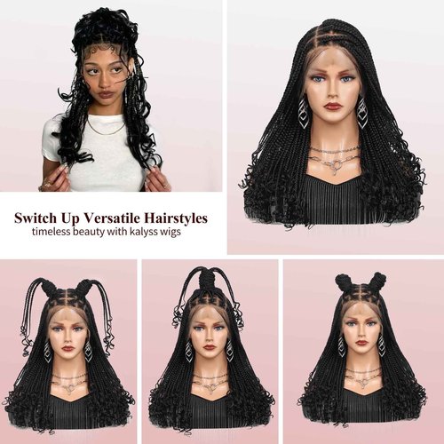 Kalyss 13x8 Hd Lace Front Knotless Braided Wigs with Curly Ends for Women Box Braid Wig with Baby Hair Black Synthetic Hair Braided Wig 24"