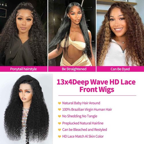 Deep Wave Lace Front Wigs Human Hair 13x4 HD Lace Front Wigs Human Hair Pre Plucked Brazilian Curly HumanHair Wig 200 Density Glueless Frontal Wigs For Women(18inch)