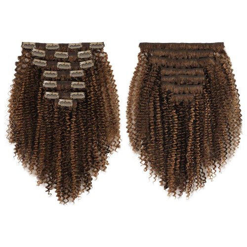 Yuniffe Curly Clip in Hair Extensions Real Human Hair Kinky Curly Clip ins Black Women #P4/27 Drak Brown Highlight Blonde Remy Human Hair Extensions Double Weft 7Pcs 120g 20 Inch