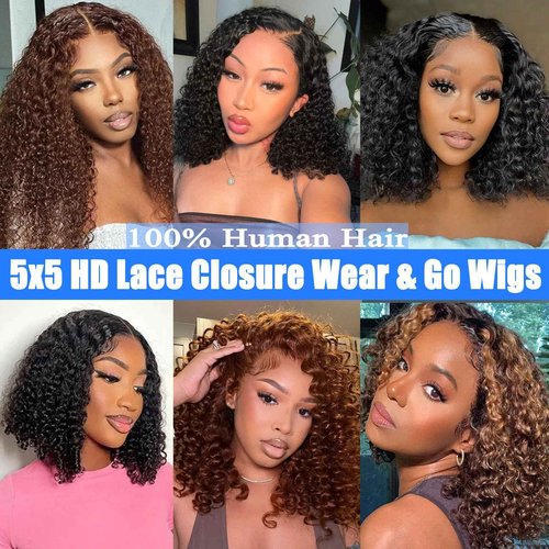 Wear and Go Bob Wig Human Hair Deep Wave Glueless Wigs Human Hair Pre Plucked Pre Cut Chocolate Brown 5x5 HD Lace Closure Curly Wigs for Black Women Lace Front Glueless Wigs Human Hair 14inch