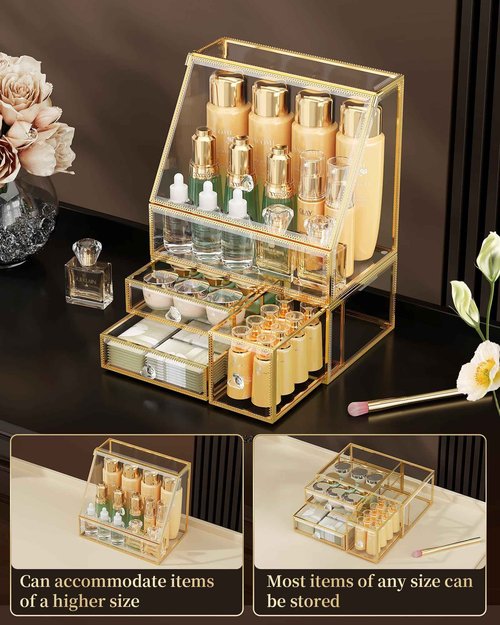 CoralHouse Makeup Organizer for Vanity, Clear Makeup Organizer with Drawer, Skincare Holder for Bathroom Countertop,Cosmetic Display Case for Dresser