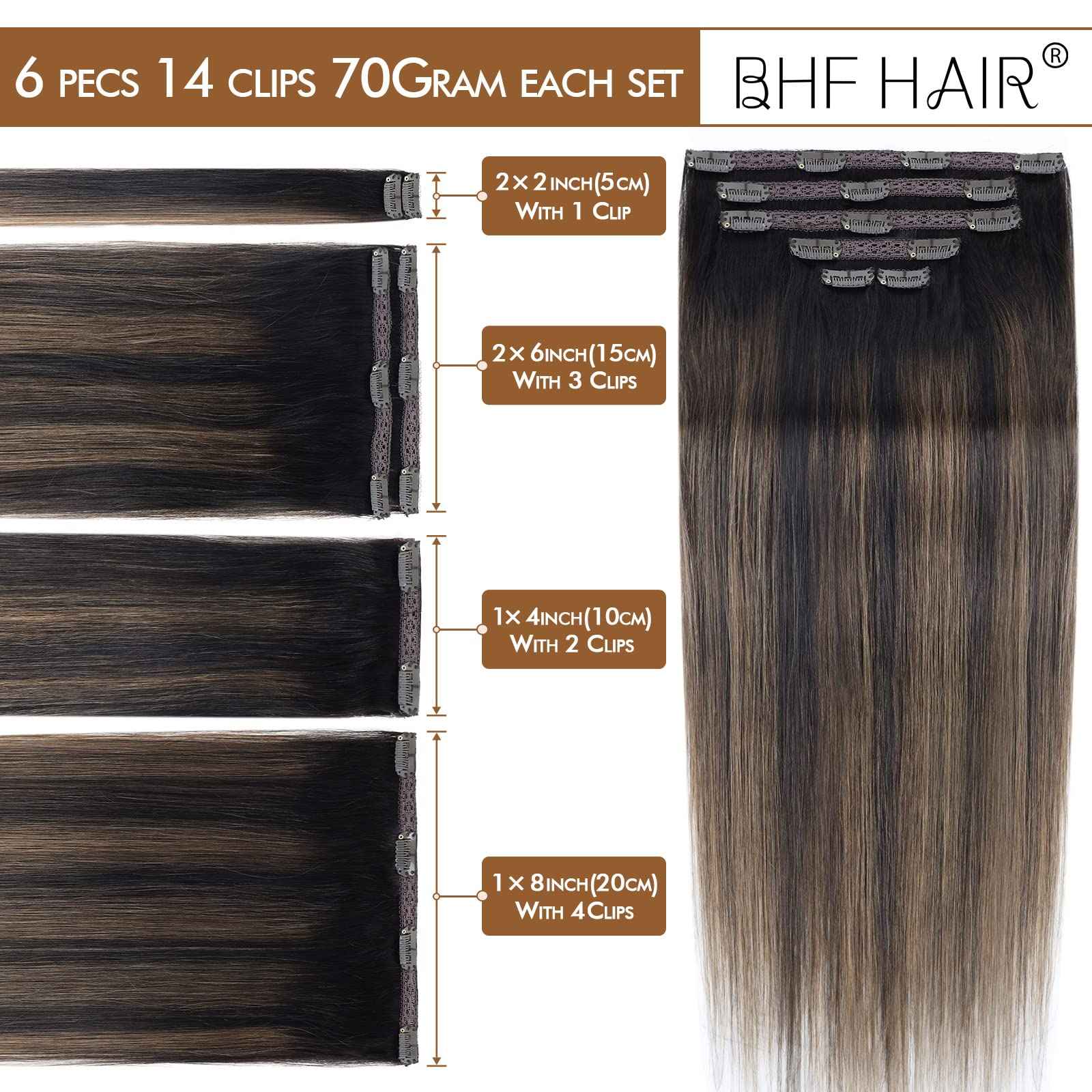 18" Clip in Remy Human Hair Extensions Balayage Dark Brown to Maroon Brown Human Hair Extensions, Double Weft Thickness to Ends, 100% Female Extensions, 6 Pack 70g / 2.45oz.