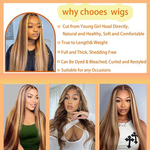 Kysonty 24 Inch Honey Blonde Ombre Lace Front Wig, Human Hair, Highlight, Straight, 180 Density, Glueless, 13x6 HD Lace Frontal Wig for Black Women, Pre-Plucked With Baby Hair, 4/27 Colored