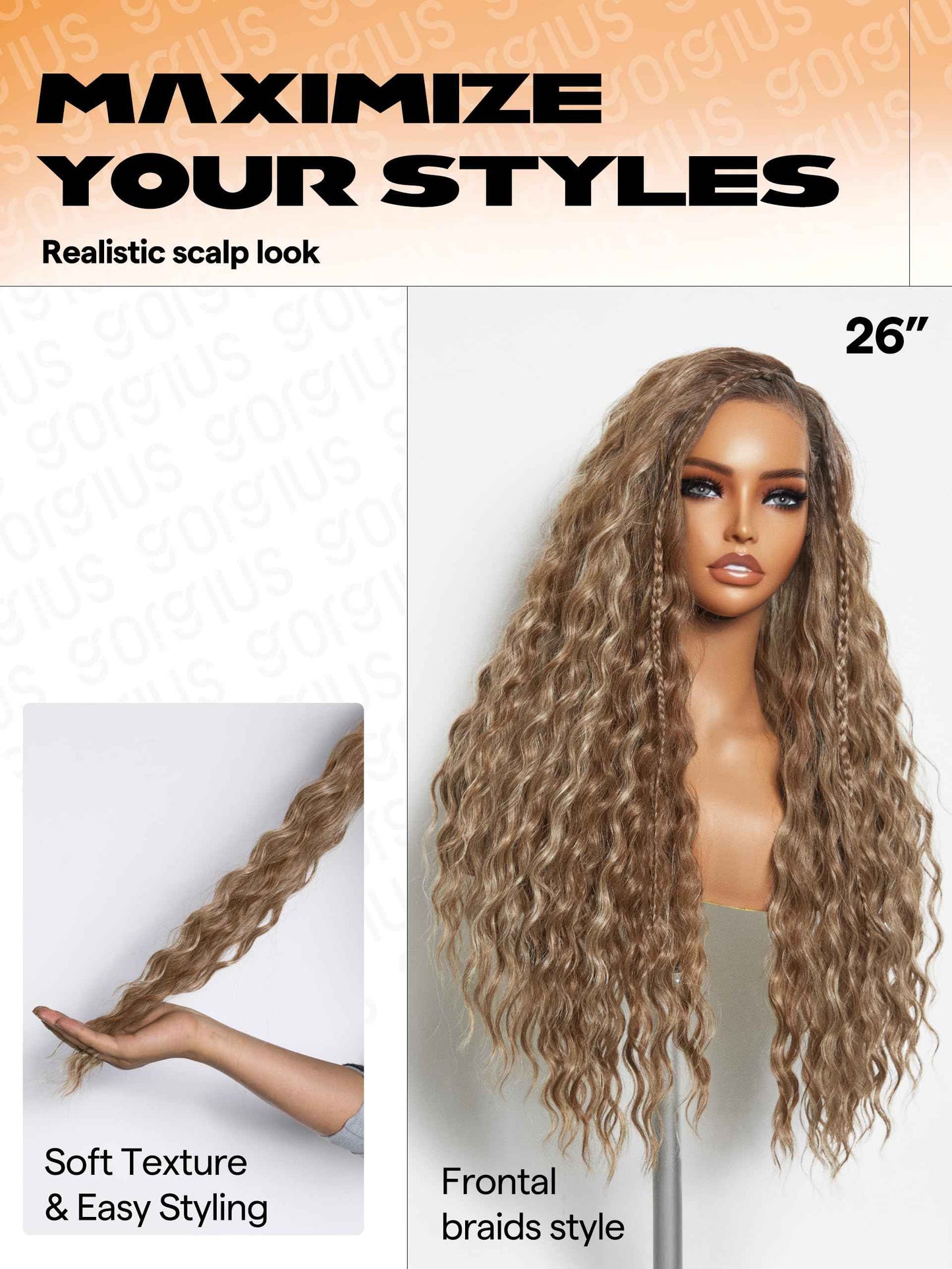 GORGIUS Balayage Highlight Ocean Wave Lace Front Wigs Pre Cut Glueless Side Part Synthetic Long Wig 28 Inch