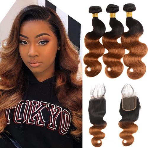 Ombre Human Hair 3 Bundles With 4x4 Lace Closure 1B/30 Two-tone Ombre Brown Body Wave Bundles with Closure Brazilian Virgin Human Hair Extensions For Women (T1B/30,14 16 18+12)