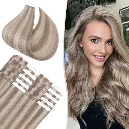 Benehair Tape in Human Hair Extensions, 22 inch Straight Invisible Tape Extensions Remy Blonde Hair Extensions 10pcs 20g Ash Brown Mix Bleach Blonde 18p613