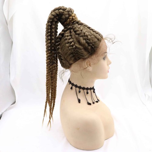 Sylvia Dutch Braided Brown Wigs Mixed Brown Braided Hand Made Wig 8x Twist Braids Synthetic Braid Lace Front Wigs For Women Hair 100% Hand Made High Ponytails Lace Braids Wig…