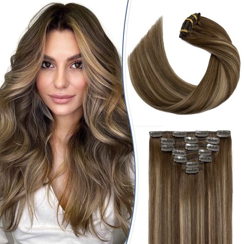 Clip in Hair Extensions Real Human Hair S-noilite #4T4P27 Chocolate Brown to Caramel Blonde Double Weft hair extensions 20 Inch Clip in Real Human Hair for Women Balayage Straight 7PCS 125g