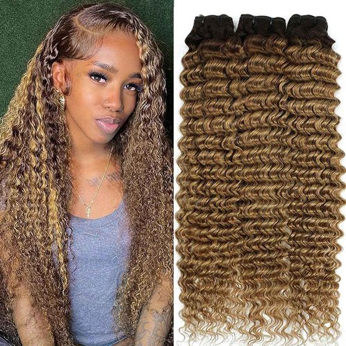 msVenus Ombre Human Hair Deep Wave Bundles T4/27# Brown to Honey Blonde Color Deep Curly Human Hair 3 Bundles for Women Wet and Wavy Bundle (18 20 22 Inches)